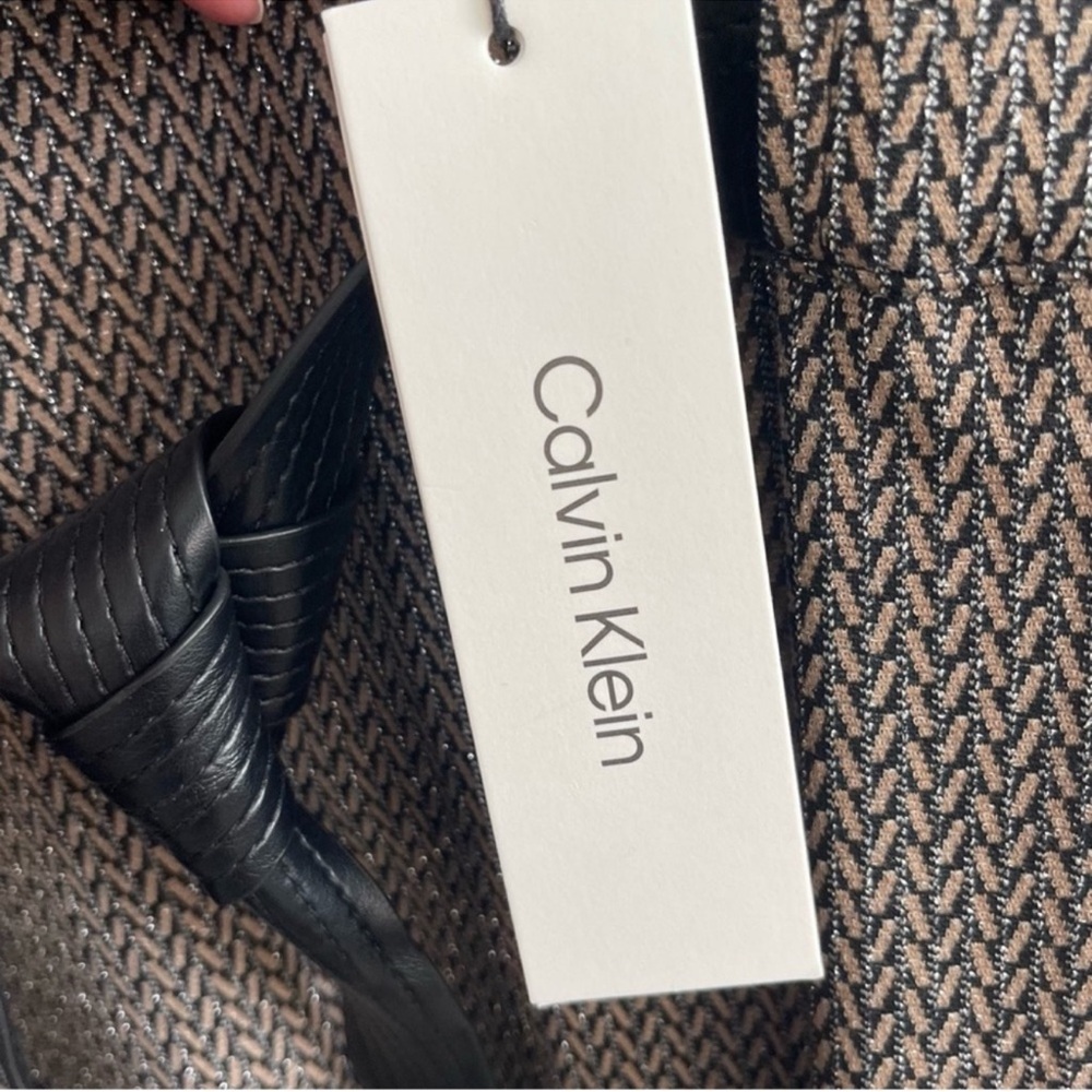 NEW Calvin Klein Sleeveless Belted Dress A-line Lurex Black Brown Tan Size 4 - Picture 7 of 13